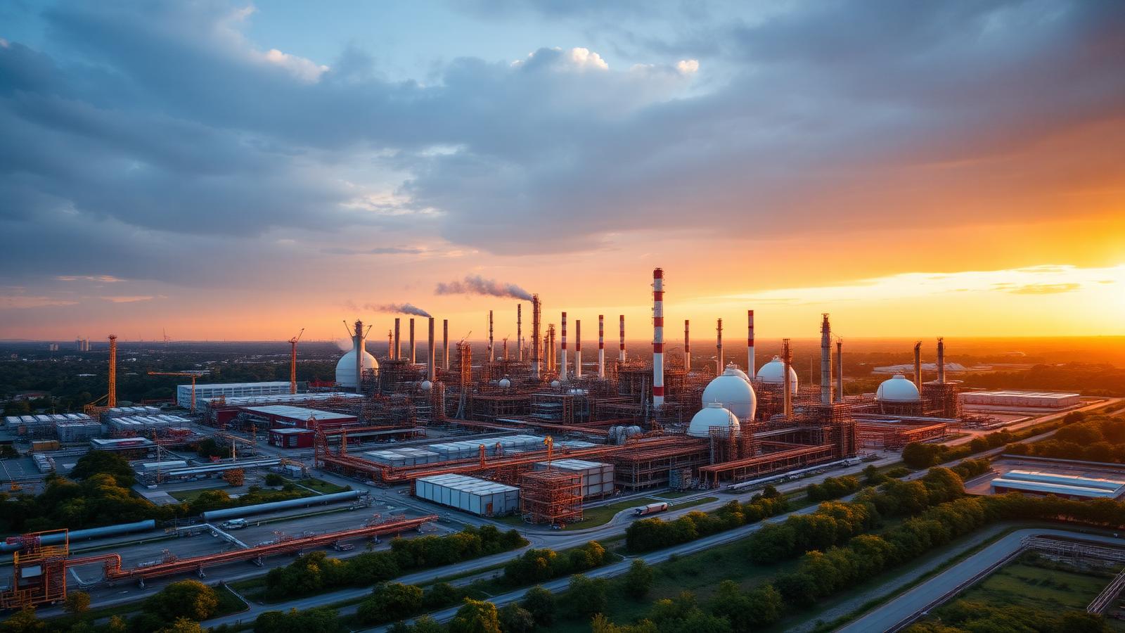 Aerial view of a petrochemical complex at sunset